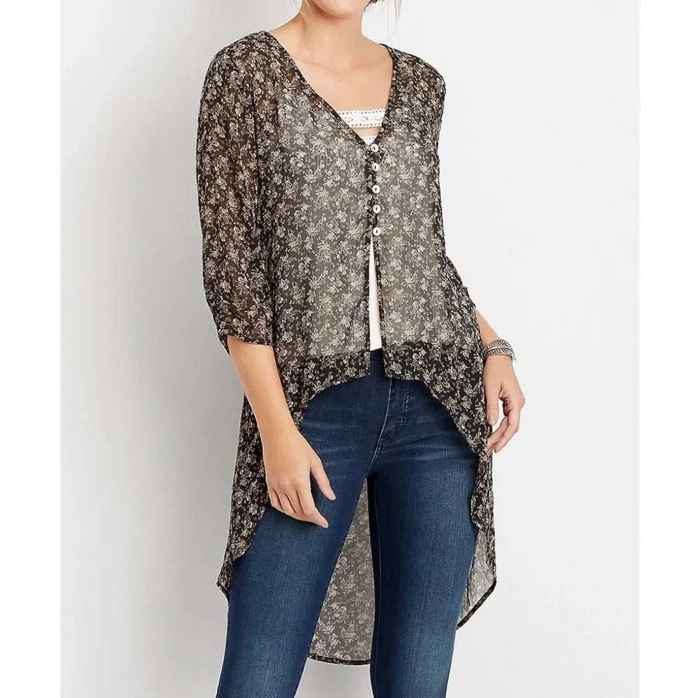 Boho Floral Kimono Blouse Sheer High Low Button Front Dressy Top Small - Picture 14 of 14